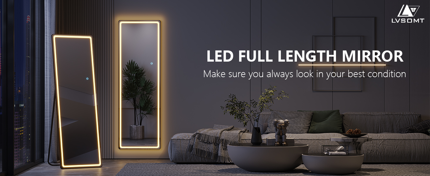 Дзеркало підлогове з LED підсвіткою LVSOMT 153x50 см, чорне, повномірне, для спальні та макіяжу