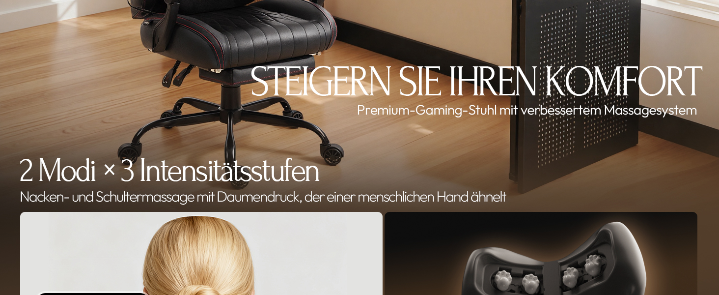 Ігровий крісло Dowinx з масажем, ергономічний дизайн, підтримка попереку та шиї, до 135 кг, шкіряне, чорний