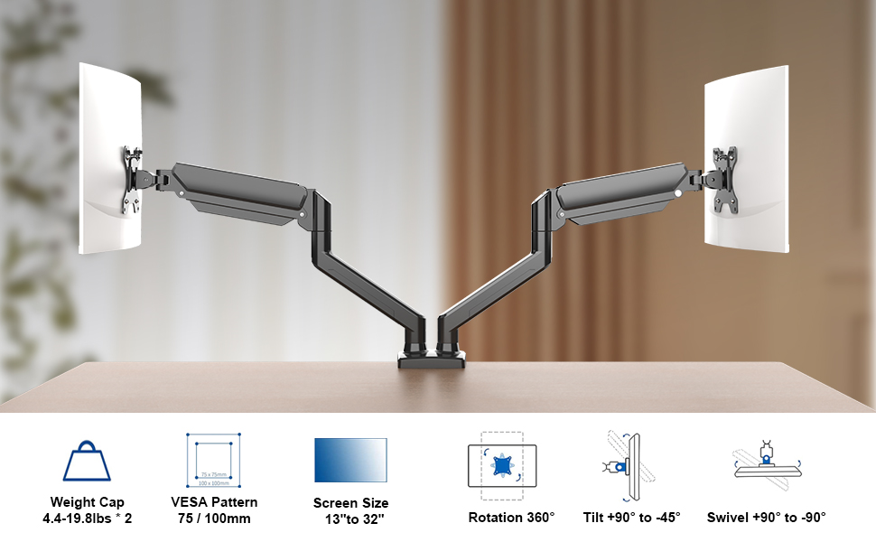 Підставка для монітора GRIFEMA Dual Arm - 2 монітори, 13-32 дюйми, регулювання висоти, поворот, VESA 75x75/100x100, до 9 кг
