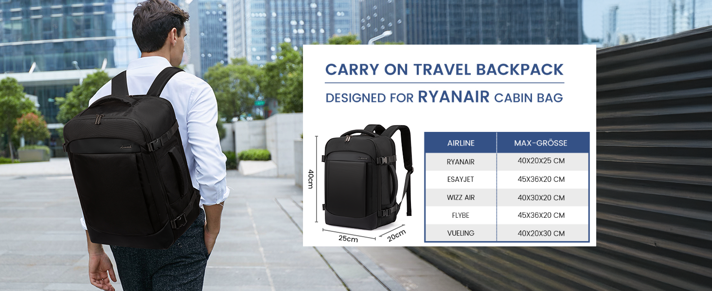 LOVEVOOK Рюкзак ручної поклажі 40x20x25 для Ryanair, 20L, рюкзак для подорожей, для ноутбука 14 дюймів, чоловічий/жіночий, з відділенням для мокрого та сухого, чорний