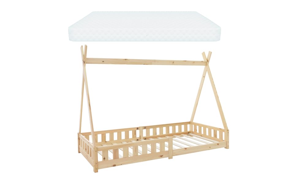 Дитяче ліжко-халапа Tipi ML-Design біле з бортиками та ламелями, з сосни, індіанське ліжко для дівчаток та хлопчиків, ліжко-будиночок з огорожею, ліжко-ігровий будиночок для дітей (90x200 см з матрацом (H: 16 см), натуральне дерево)