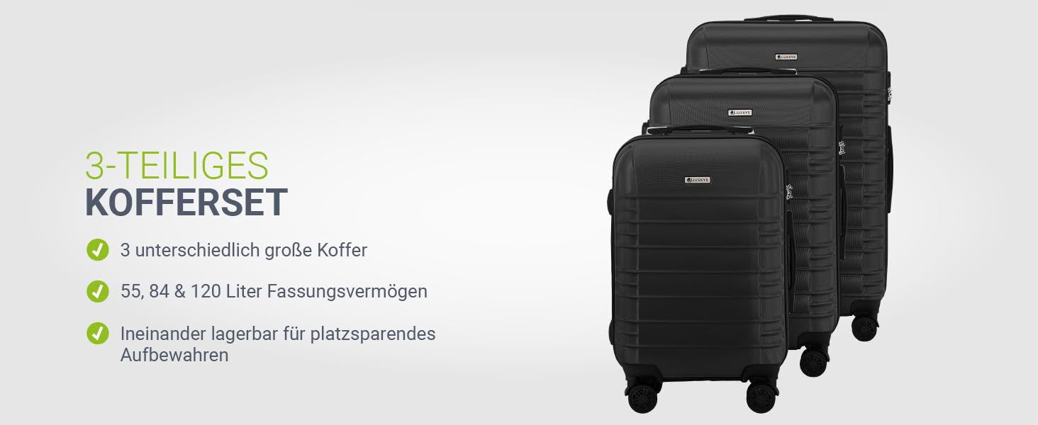 Набір валіз Juskys Hartschale 3 шт. з кодовим замком, тихі колеса 360°, телескопічна ручка, легкі - чорний колір