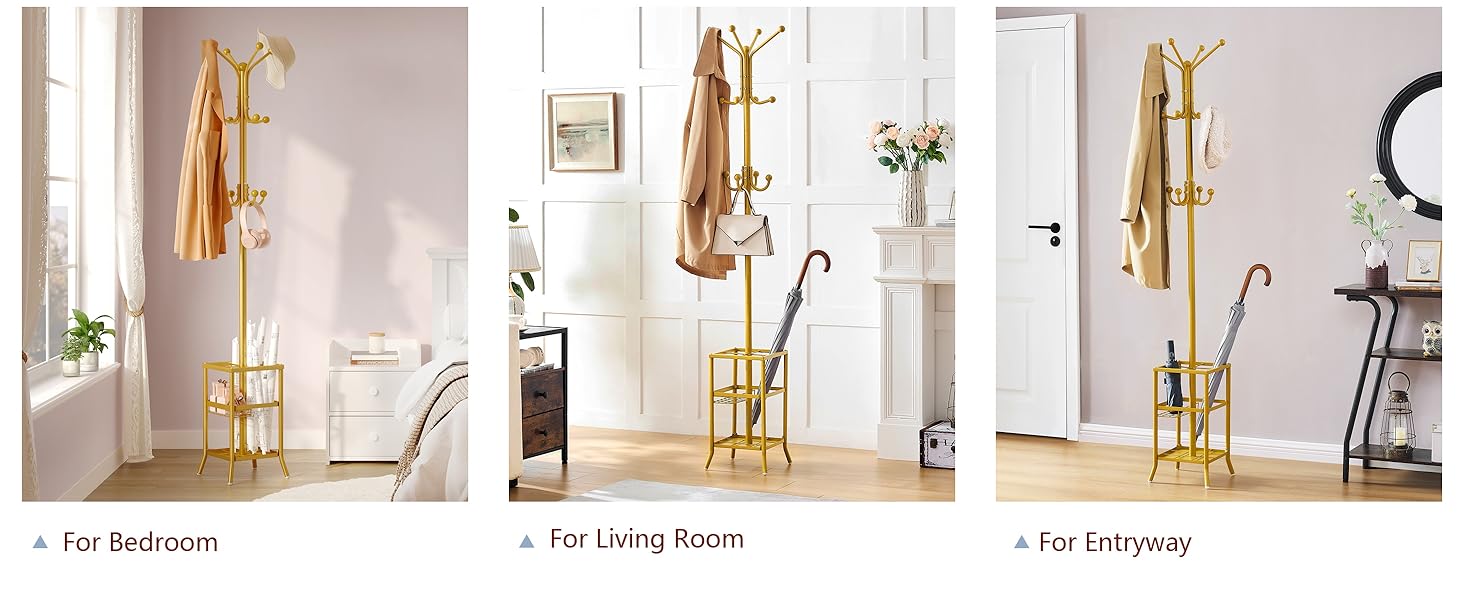 Стійка для одягу FAVOOOSTY з підставкою для парасольки, 12 гачків, для вітальні/спальні, срібло/золото