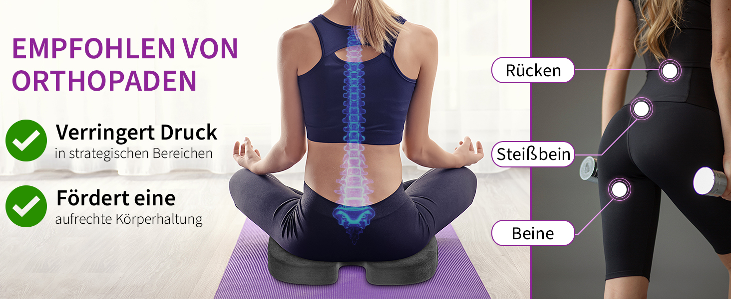 Ортопедична подушка на сидіння для копчика та стегон, ергономічна подушка для офісного крісла та авто з ефектом пам'яті (Memory Foam), протиковзкою основою, чорна