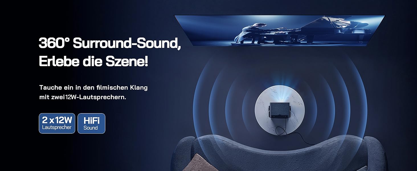 Міні проектор WOLFANG 4K з автофокусом та корекцією трапеції, 28000 люмен, WiFi 6, Bluetooth, для домашнього кінотеатру, 180° підставка, підтримка iOS/Android, для показу на вулиці