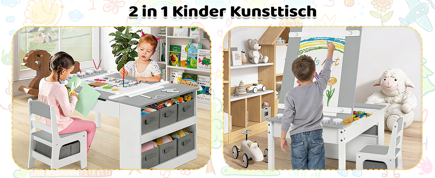 Дитячий стіл Kinder-Kunsttisch-Set з 2 стільцями: дерев'яний активний стіл для малюків з регульованою стільницею, відрами для фарб та 8 тканинними ящиками для зберігання (сірий/білий)