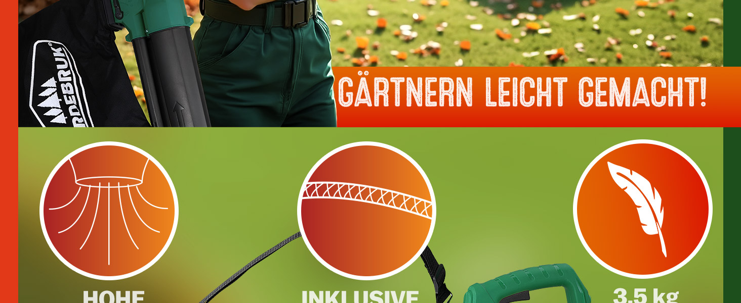 Електричний садовий повітродув-пилосос Gardebruk 3 в 1 з подрібнювачем листя, 3000W, 270 км/год, 45 л, ремінь на плече