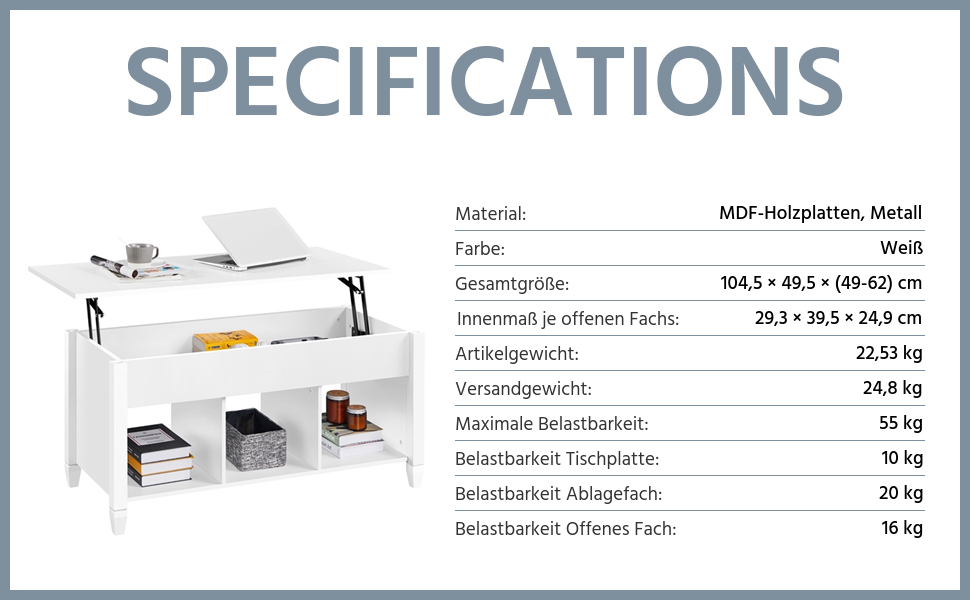 Журнальний столик Yaheetech Журнальний столик з регульованою висотою з підйомною пластиною Підйомний стіл Приховане зберігання Дерев'яний журнальний столик Журнальний столик для вітальні білий