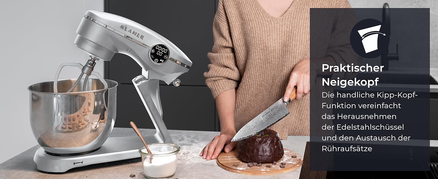 Кухонний комбайн KLAMER 1800W — планетарний міксер для тіста з чашею з нержавіючої сталі 6л, 10 швидкостей, таймером та набором насадок (гак, вінчик, міксер), сріблястий