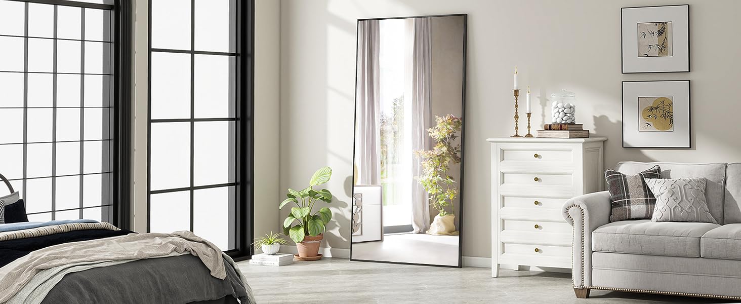Дзеркало підлогове BEAUTYPEAK велике 76x180 см, настінне або з підставкою, чорне. Дзеркало в спальню, вітальню, гардеробну.