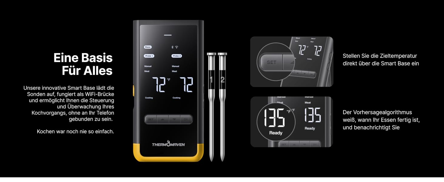 Розумний бездротовий термометр для м'яса ThermoMaven з базовою станцією, Wi-Fi та Bluetooth, 2 щупи (6 сенсорів), NIST-сертифікований, для смокера, духовки та BBQ, золотисто-жовтий