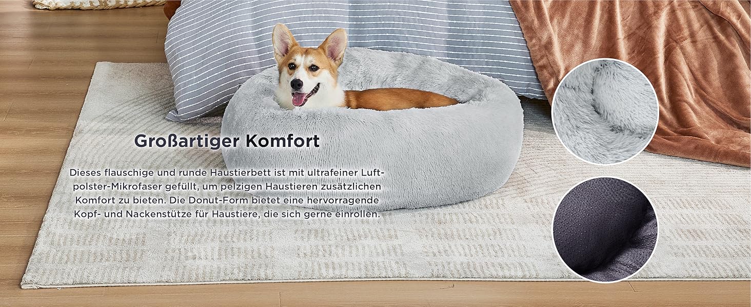 Лежак для собак Bedsure Donut XXL - Ø 115 см, пухнастий, миється (Д 91 x Ш 91 x В 25 см, світло-сірий)