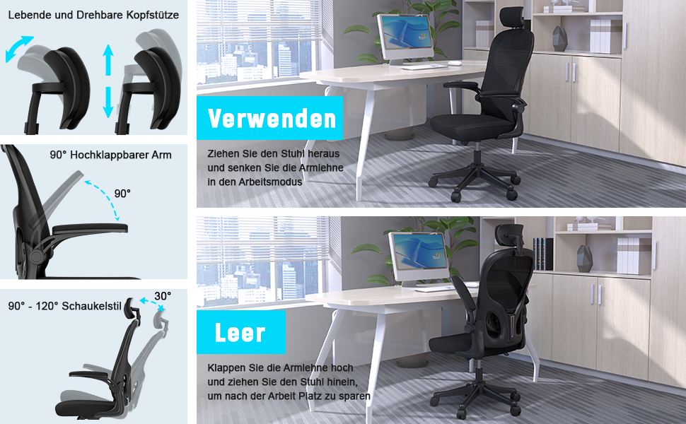 Офісний стіл Ergonomischer Bürostuhl з дихаючою сіткою, регульовані підлокітники, підголівник, поперекова підтримка, регулювання висоти, поворотний стілець на 360°, темно-чорний