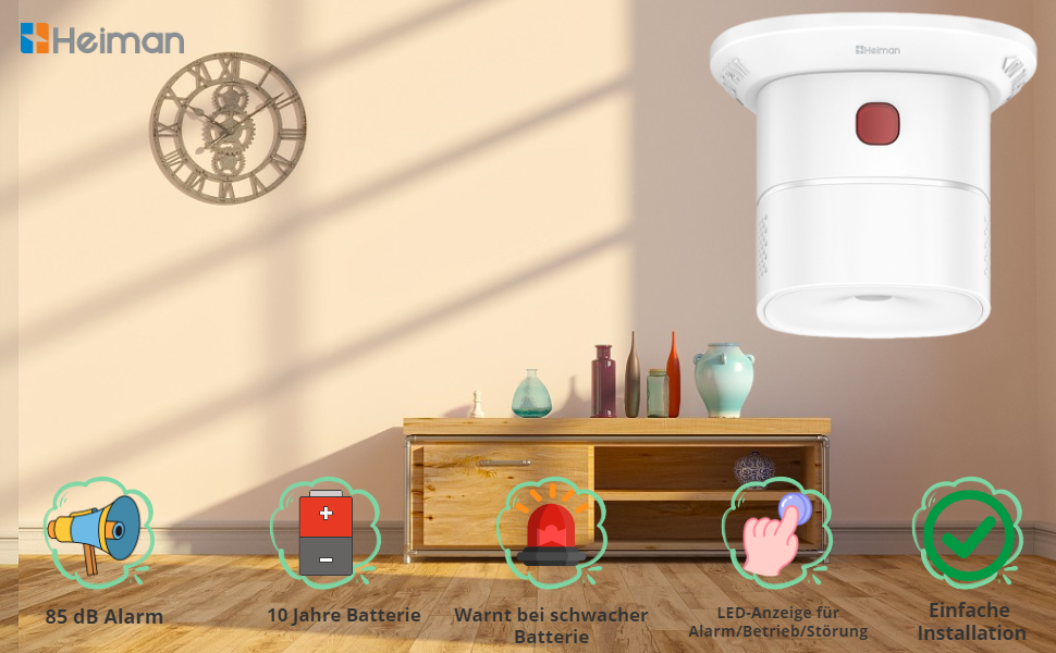 Детектор чадного газу HEIMAN з Wi-Fi, 10 років служби, сумісний з Tuya/SmartLife, EN50291, портативний (HS1CA)