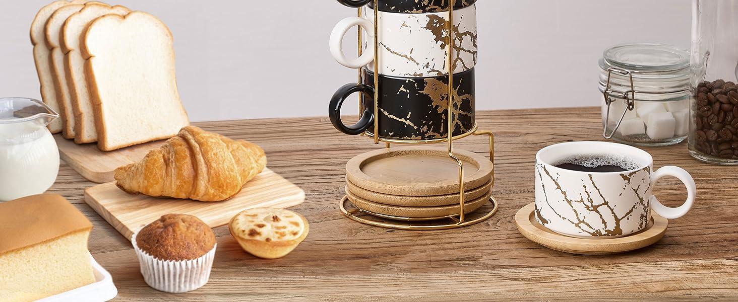 Набір кавових чашок Cappuccino HOME DECOR (4 шт, 160 мл) з підставками та стійкою - 160 мл, Stripe, кераміка