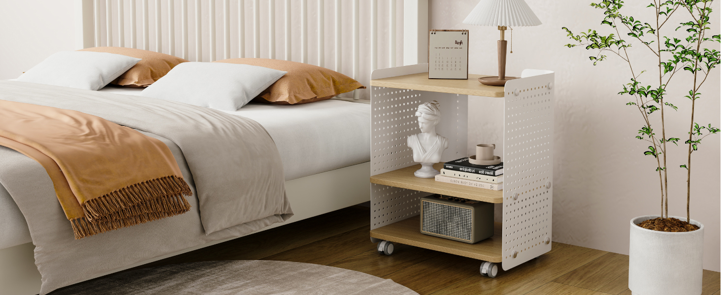 Стіл для принтера Fenge з колесами, мобільний тримач для принтера з перфорацією, 3 рівні, стійка для принтера/роликовий контейнер з органайзером, полиця, шафа для документів, для офісу та дому, 45,3x33,5x53,5 см (Дуб+Білий)