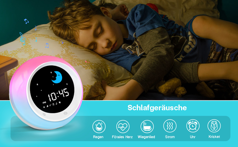 Дитячий ліхтарик-годинник Kinderwecker: тренажер сну, звукова машина, таймер, 9 кольорів - для хлопчиків та дівчаток (синій)