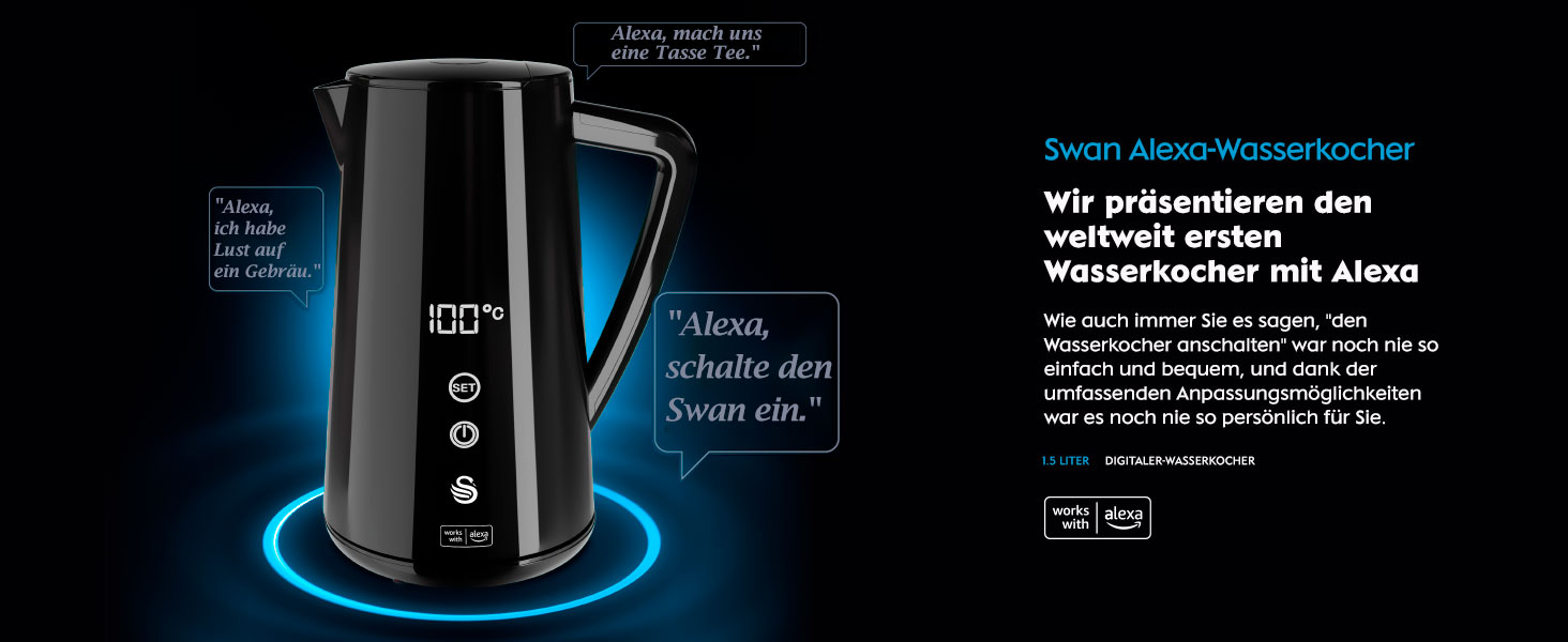 Розумний чайник Swan Alexa 1.5л, WIFI, регул. темп., чорний, LED сенсор, 1800Вт, SK14650BLKNEU