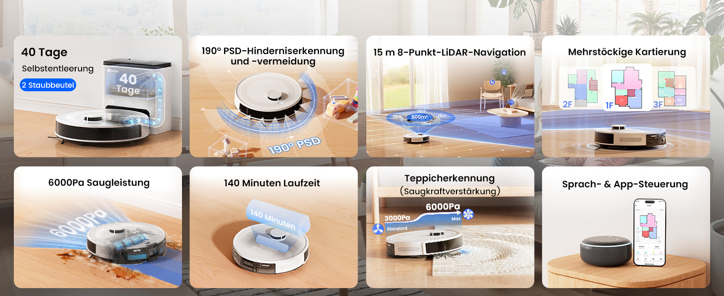 Робот-пилосос LEFANT M2Plus з функцією миття підлоги, 6000Pa, LiDAR-навігація, самоочищення, ідеальний для видалення шерсті тварин