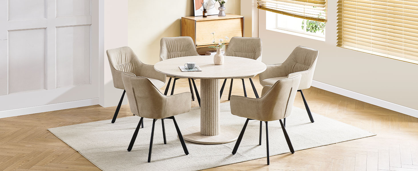 Набір обідніх крісел 6 шт., поворотні, з підлокітниками, 360°, м'які, оксамитові, для вітальні, кухні, робочого кабінету, спальні (бежевий)