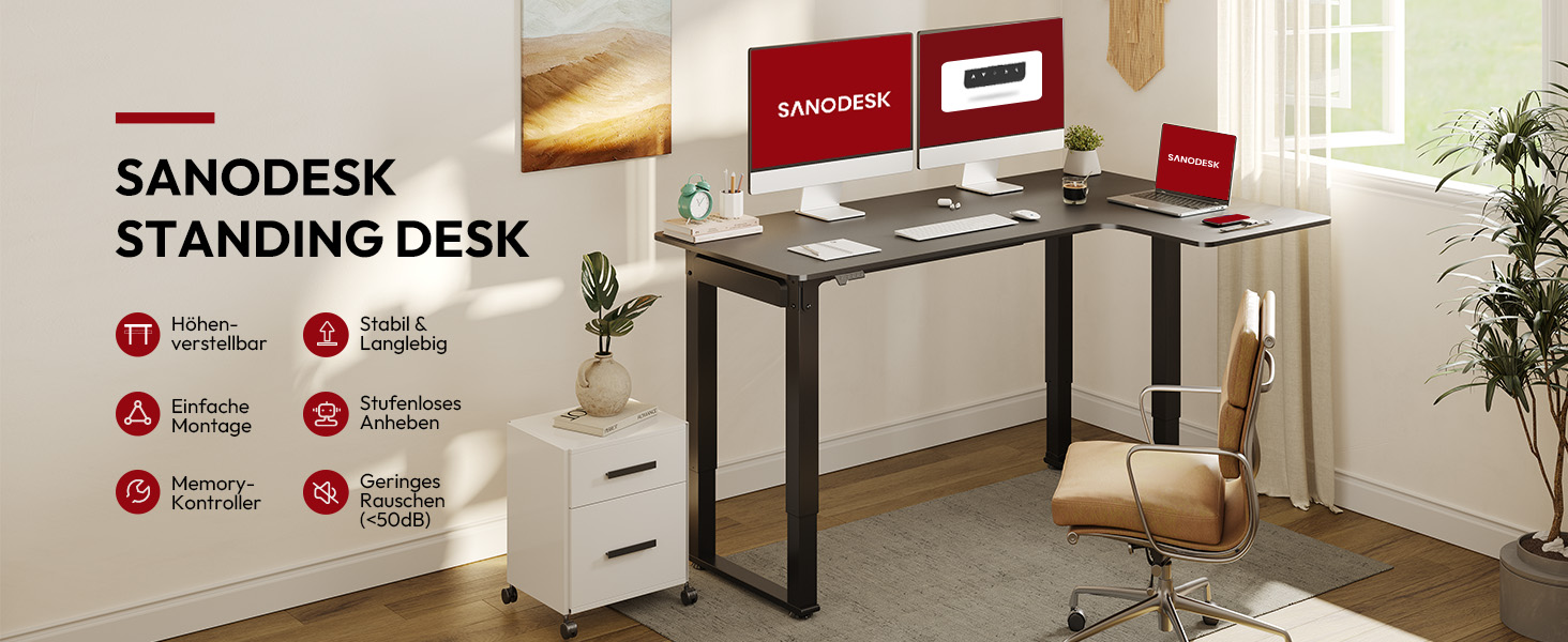 Стіл SANODESK Q2 з регулюванням висоти (160x60 см) - з 2 потужними двигунами, з планшетним столом і кабель-менеджментом Регульований по висоті електричний сенсорний екран з 4 елементами управління пам'яттю 160 x 60 см Білий