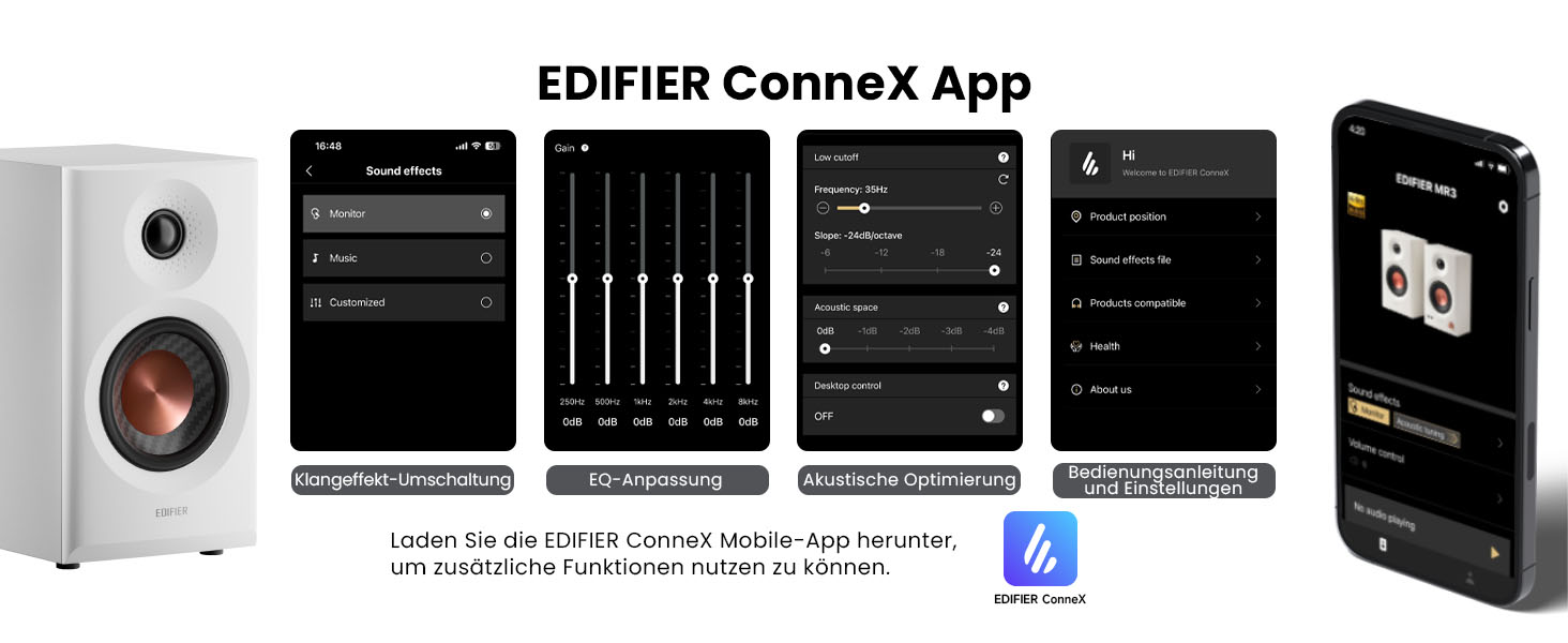Edifier MR3 - Компактні студійні колонки 2.0, Hi-Res Audio, Bluetooth 5.4, RCA, AUX, керування через додаток, 2 x 18W, Чорний