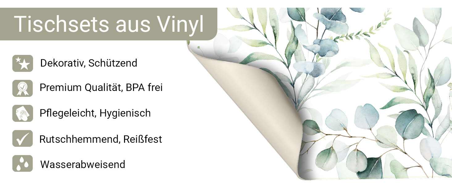 Набір килимків на стіл, 4 шт. з евкаліптовою фарбою, з вінілу (пластику), BPA-free, Made in Germany