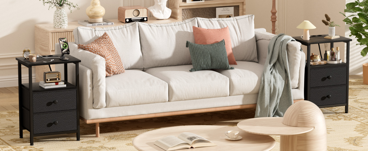 Нічний столик AMHANCIBLE з підзарядкою, приліжний столик з висувними ящиками з тканини, журнальний столик з відкритою полицею, з 2 USB-портами та 2 розетками, для спальні та вітальні, HETS020GY-1 (Чорний)