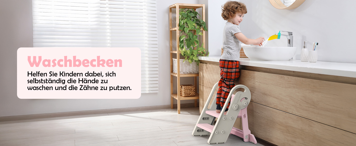 Дитячий підсходильник Onasti Tritthocker, регульована висота, 3 сходинки, з ручками, складний, анти-ковзний, для кухні, ванної кімнати, умивальника та туалету (Сірий) Сіро-білий (Рожевий)