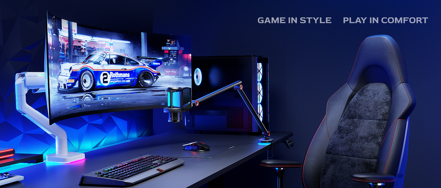 Кріплення для монітора ARES WING Ergonomic RGB, 17-49 дюймів, регульоване по висоті, поворотне, нахильне, RGB LED (білий)