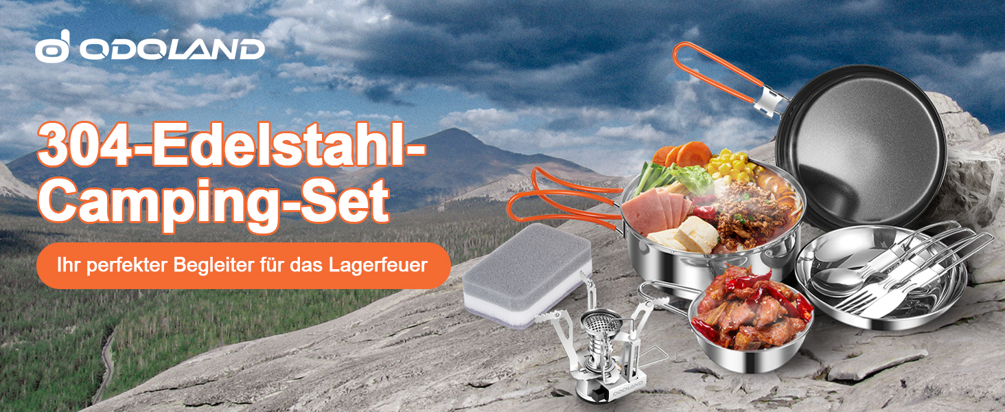 Набір кухонного посуду для кемпінгу Odoland 10 предметів: каструля, сковорода з антипригарним покриттям, тарілки, миски, виделки, ножі, ложки. Ідеально для кемпінгу, пікніків, походів та трекінгу. Виготовлений з нержавіючої сталі з захисною шкіряною обкладинкою.