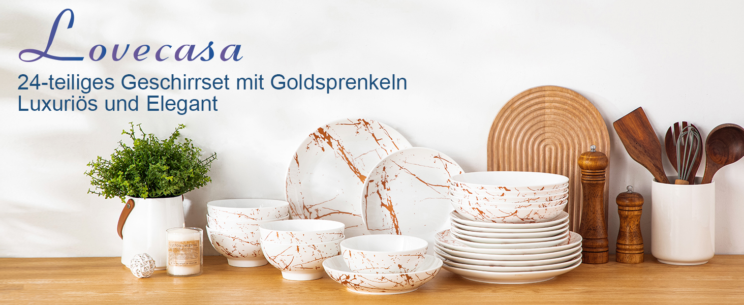 LOVECASA Сервіз столовий порцеляновий Daphne SWEET, 24-частинний набір, 6 персон. Сервіз з золотим декором: тарілки для їжі, десертні тарілки, миски для каші та супові тарілки.