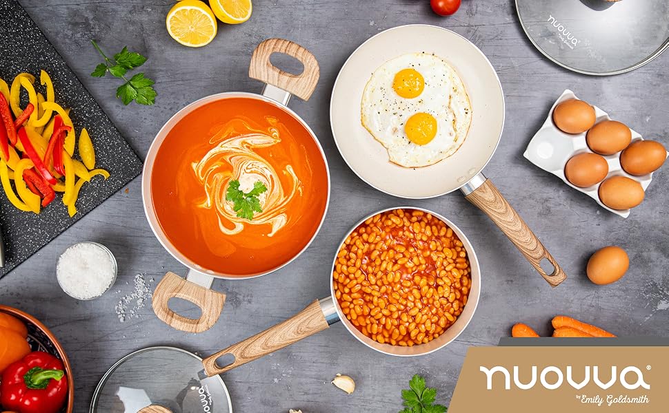 Набір каструль та сковорідок з антипригарним покриттям Nuovva - 8 шт. з кришками, кремовий граніт, для індукційних плит