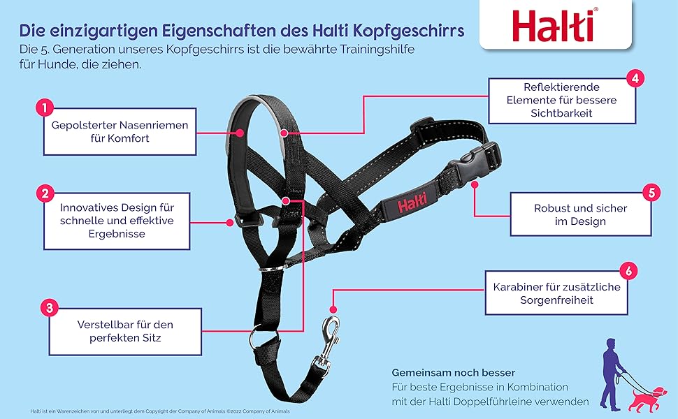 Головний убір HALTI, розмір-не дозволяє вашій собаці тягнути повідець, легко регулюється, легкий, з м'яким ремінцем для носа, нашийник із захистом від натягу для собак середнього розміру (5, чорний)