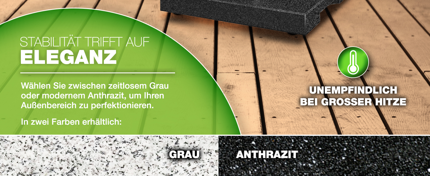 Підставка для парасольки Tillvex® Granit на колесах з ручкою для перенесення, 27 кг | Підставка для парасольки з нержавіючою сталею | Підставка для парасольки на балкон, діаметр 250 см, для стійок 16-48 мм (Прямокутна, сіра)