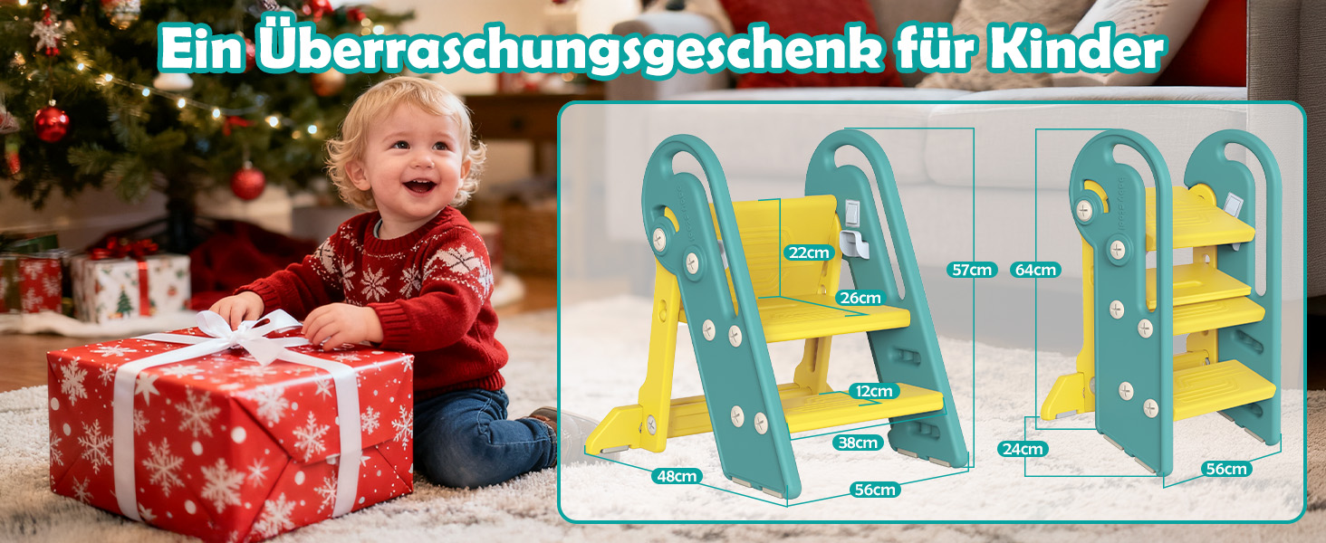 Дитячий підсвічник Onasti Tritthocker Kinder: регульована висота, 3 сходинки, з ручками, складний, анти-кіп та анти-ковзний, для кухні, ванної, раковини та туалету (сірий) сіро-білий (зелений)