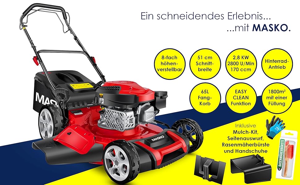 Бензинова газонокосилка MASKO® 5в1 | Ширина косіння 51 см | 8 положень висоти стрижки | 4-тактний OHV двигун 6.0 PS | Об'єм кошика 65 літрів | З набором для мульчування, бічний викид | Червоний / Чорний