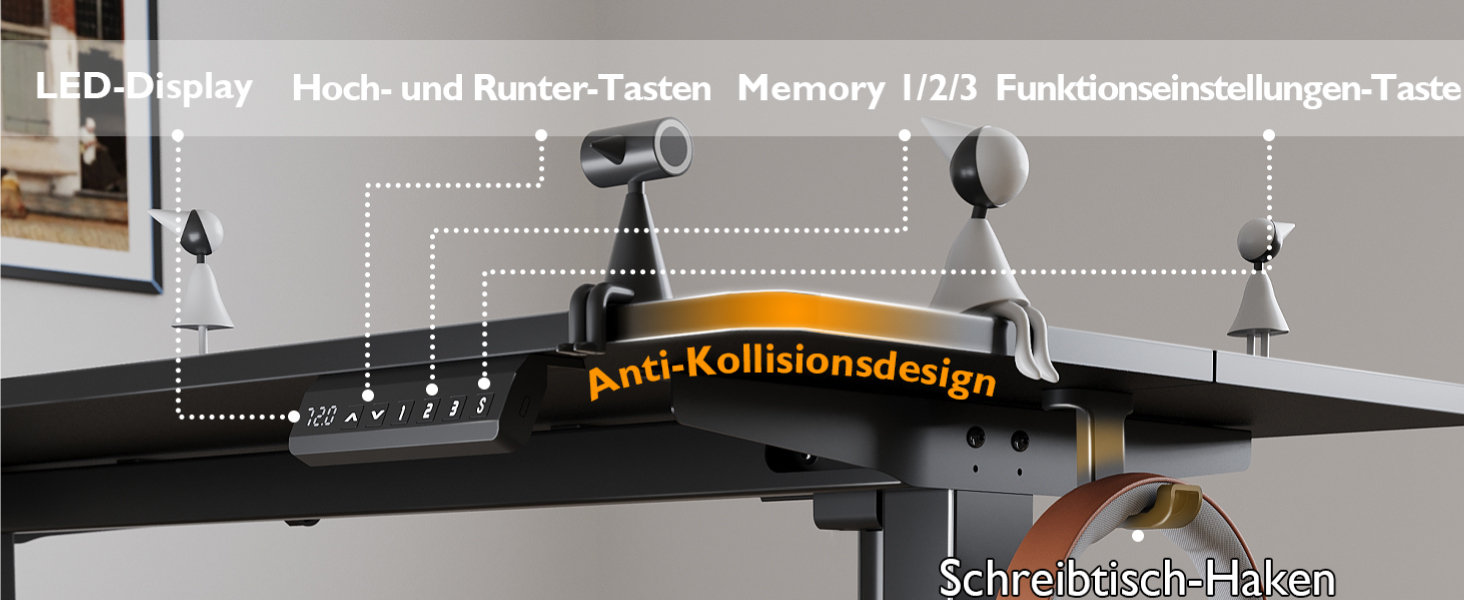 Електричний регульований стіл BONTEC 120x60 см з LED-дисплеєм, 3 пам'яті висоти, тримач для навушників, чорний