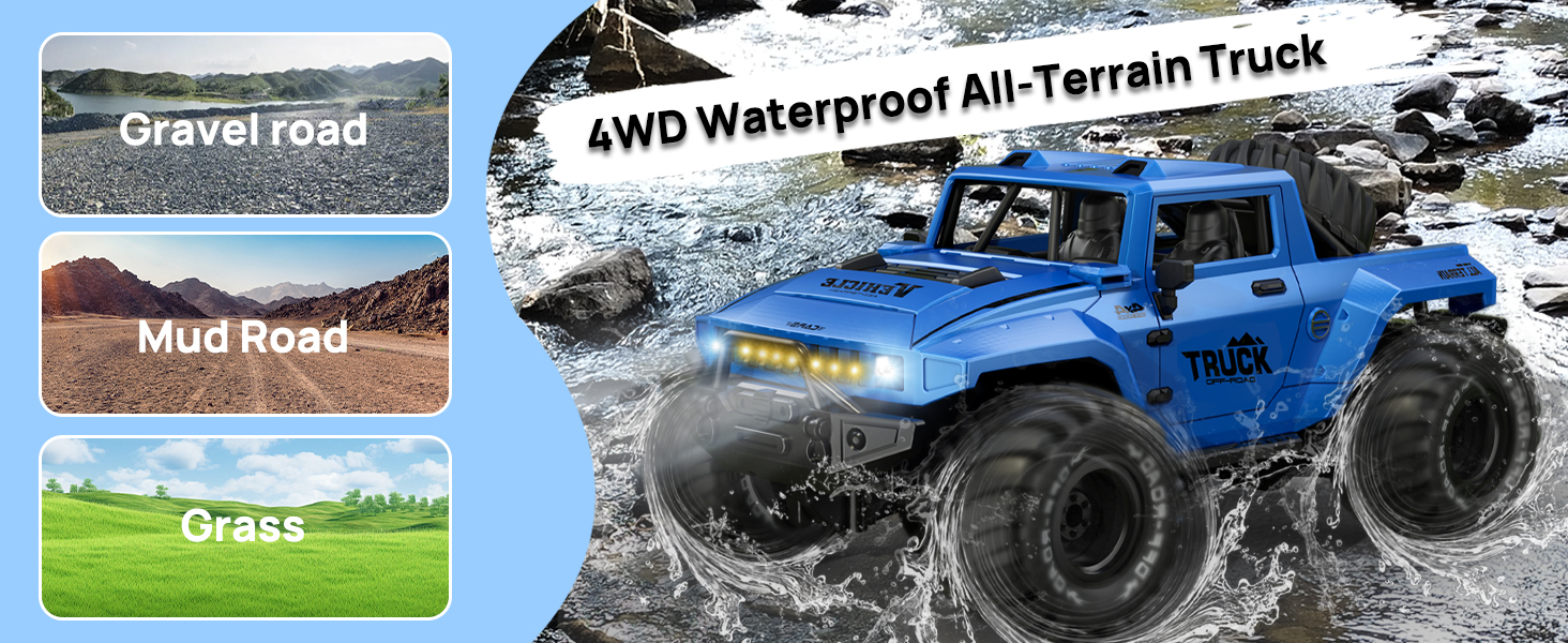 Амфібійний радіокерований позашляховик 1:16, водонепроникний Monster Truck з рюкзаком, світлодіодами та поворотом на 360°