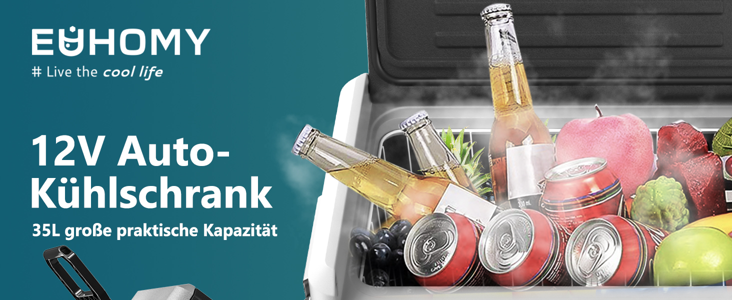 Автохолодильник EUHOMY 35л з Wi-Fi, 12/24V та 220V, портативний компресорний холодильник-морозильник (-20°C~20°C) з колесами та кошиками для подорожей, кемпінгу - чорний