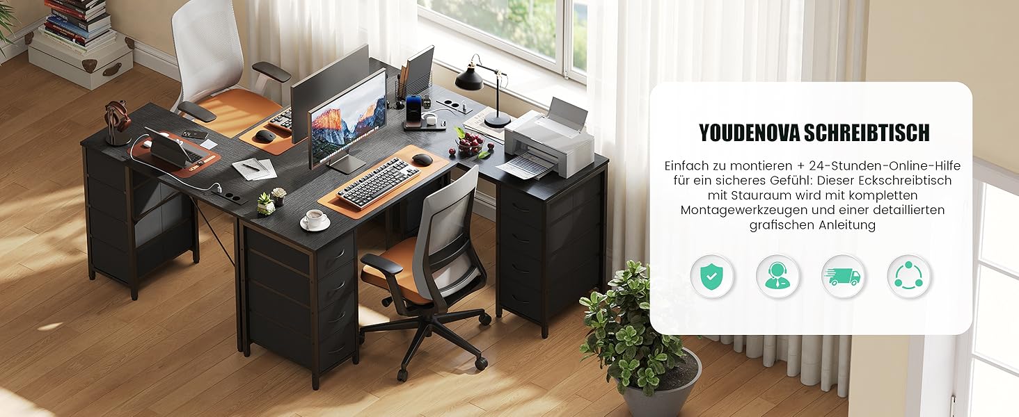 Кутовий письмовий стіл YOUDENOVA 150x100 см з шухлядами, розеткою та USB-зарядом, чорний