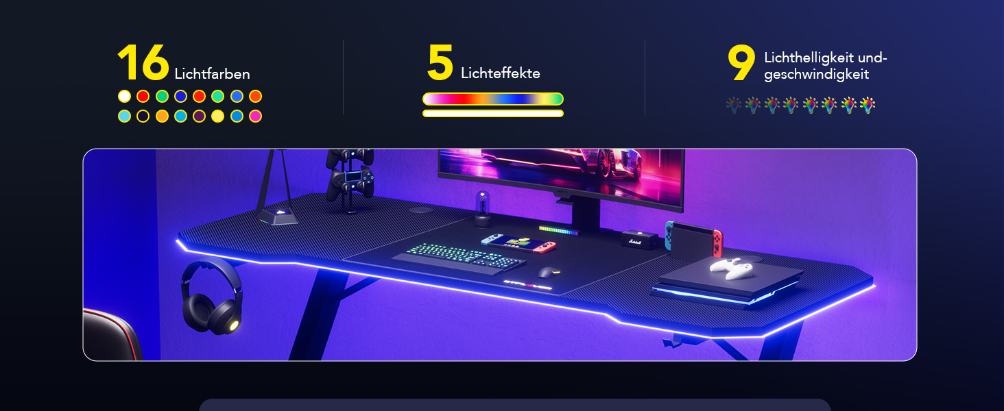 Ігровий стіл GTPLAYER 120x60 см з карбоновою поверхнею та підсвіткою, стіл для ПК, геймінговий стіл з тримачем для навушників