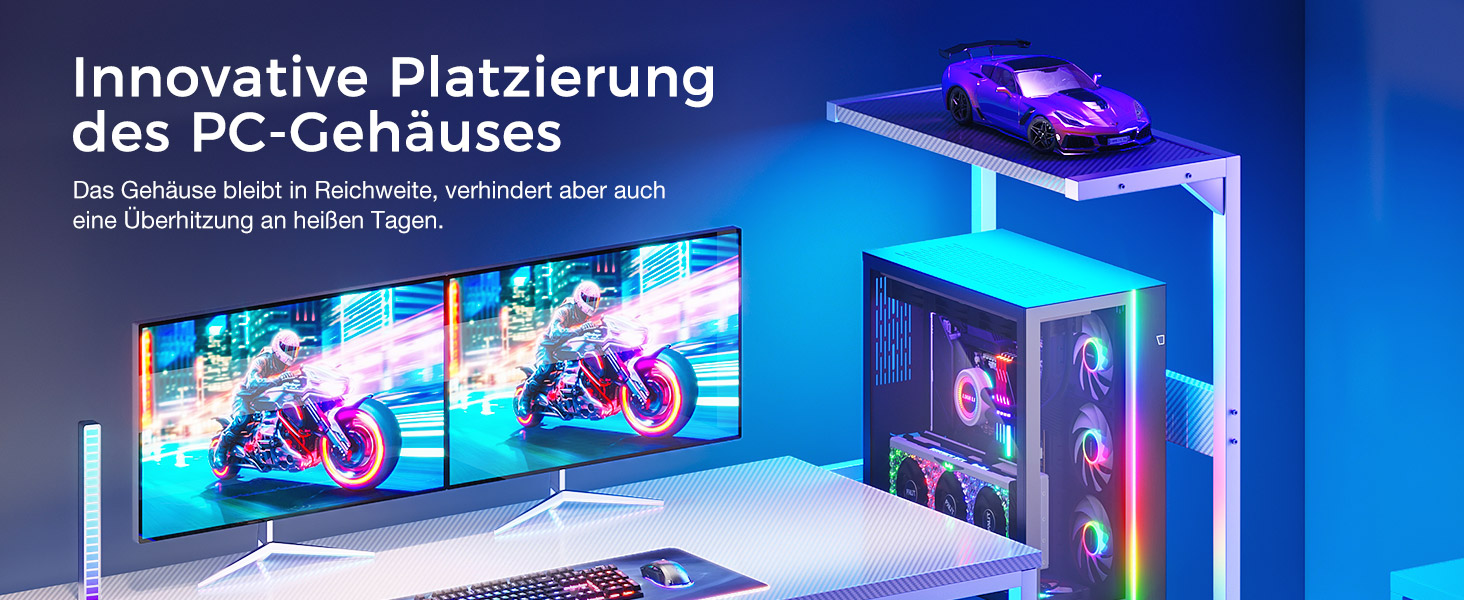 Ігровий стіл Coleshome з LED-підсвічуванням 120x48 см, з шухлядами та полицею, обертовий, з тримачем для навушників, карбонове волокно