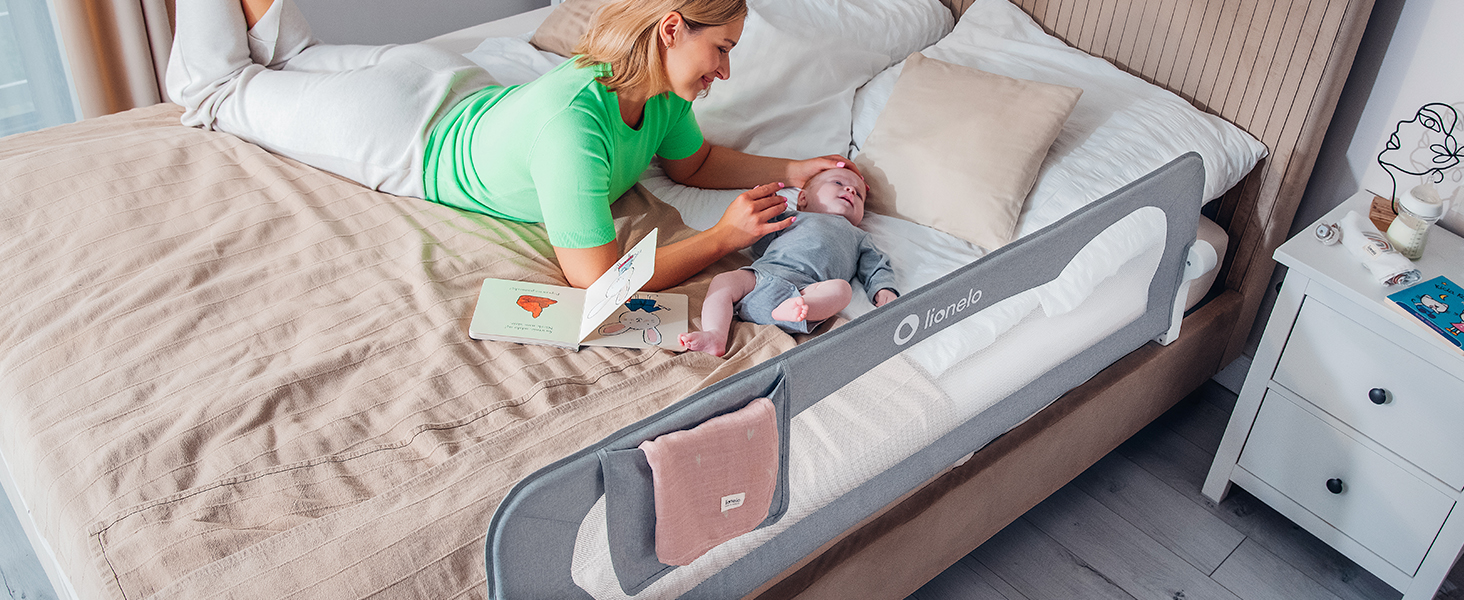 Бортик для ліжка Lionelo Eva захисний, 150 см, бежевий - сітка, складаний (180°), легкий монтаж