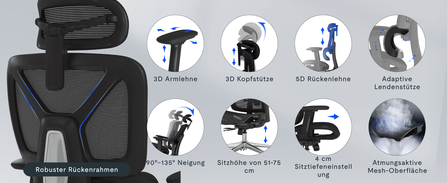 Офісний стіл FLEXISPOT C7 Lite-Mesh: ергономічний крісло з 3D підлокітниками, 3D підголівником та 5D спинкою. Макс. навантаження 130 кг, сірий колір.