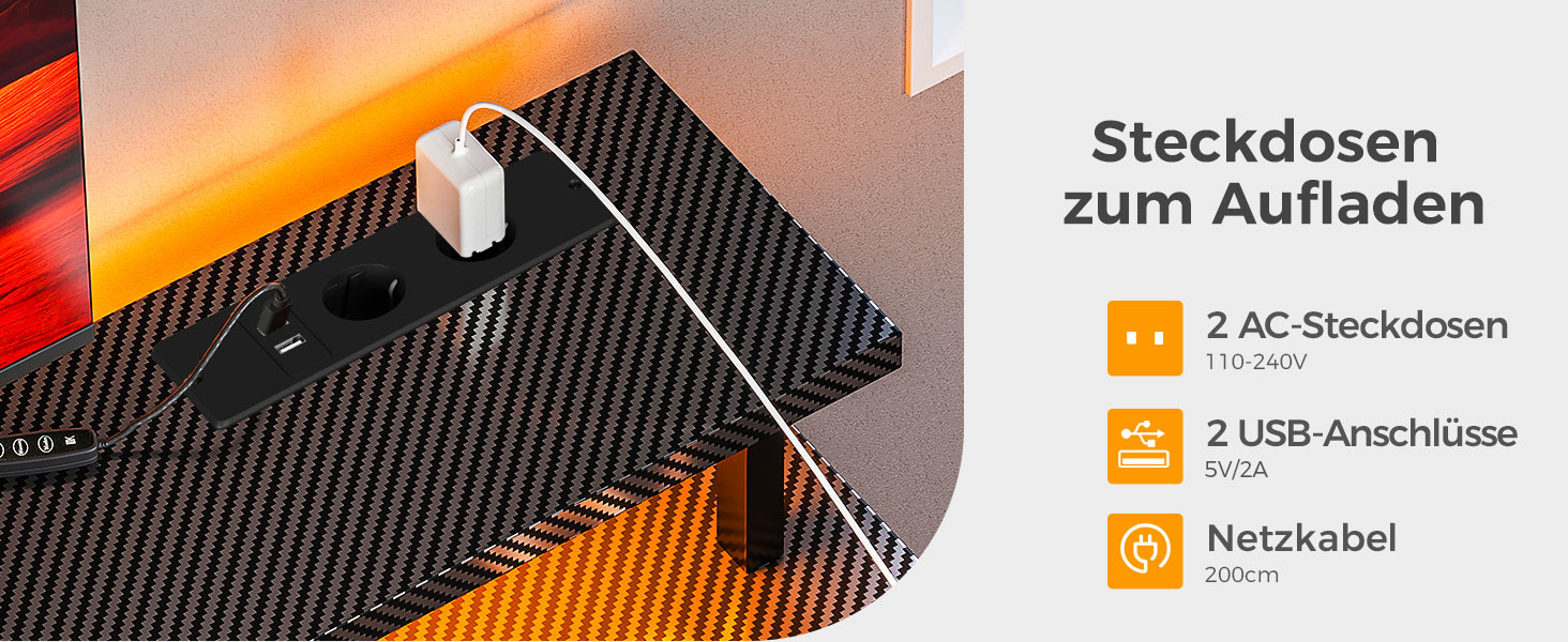 Ігровий стіл Coleshome з LED-підсвічуванням, 120x50 см, з USB та розетками, з підставкою для монітора та місцем для зберігання