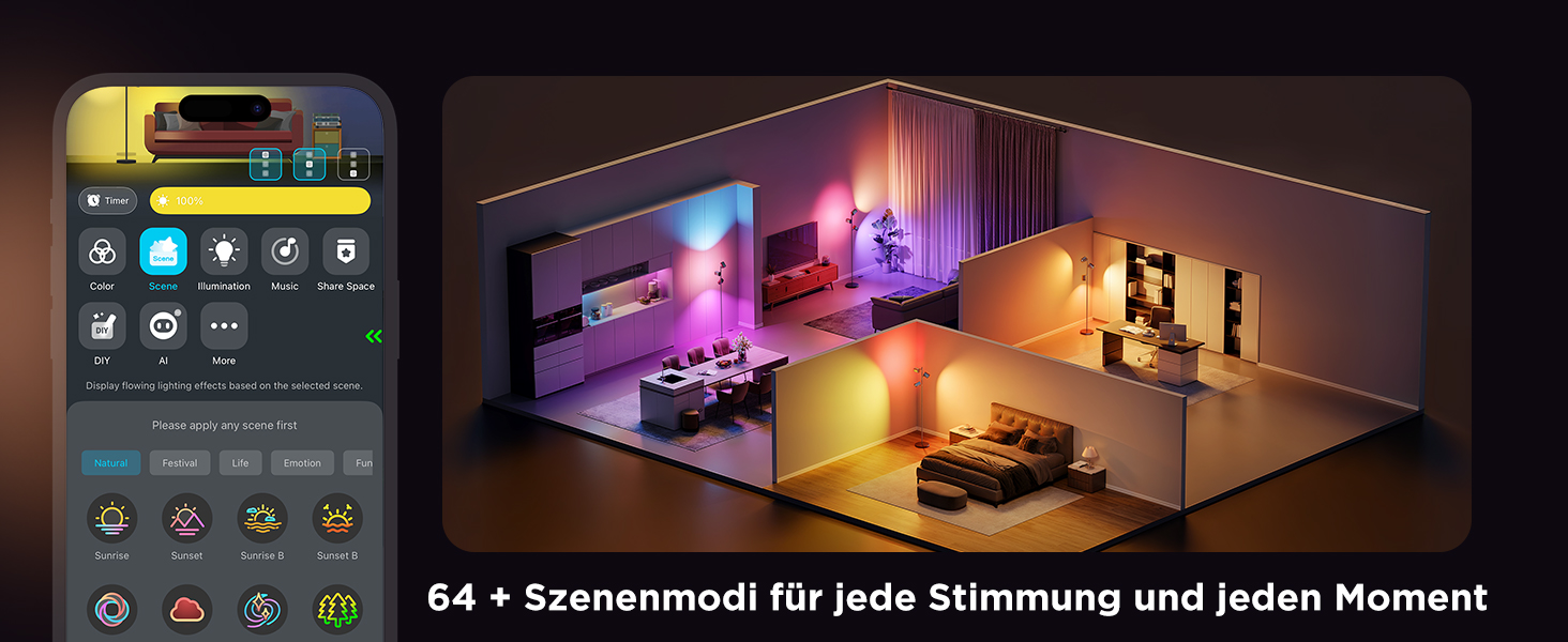 Світлодіодна підлогова лампа Govee 3-Flammen RGBWW, Matter, 1500lm, сумісна з Alexa, 64+ сцени, синхронізація з музикою, 157см, чорна для вітальні, спальні, кабінету