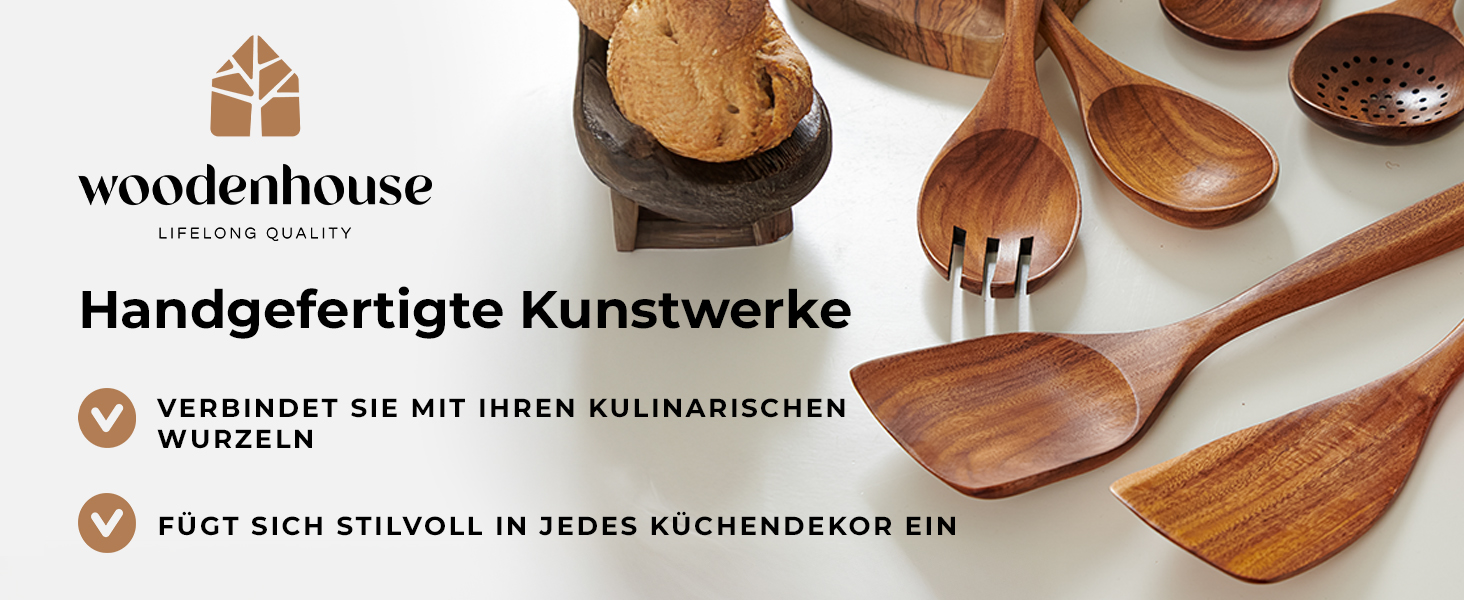 Дерев'яні лопатки для кухні - набір з 6 шт. з текового дерева (лопатки та лопатка для смаження) - натуральні, для антипригарного посуду, стійкі до високих температур