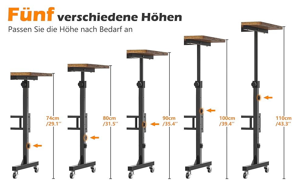 Регульований по висоті письмовий стіл HOMIDEC з колесами, 80x40 см (Vintagebraun) для дому та офісу. Стол для комп'ютера, стоячий стіл для ходьби