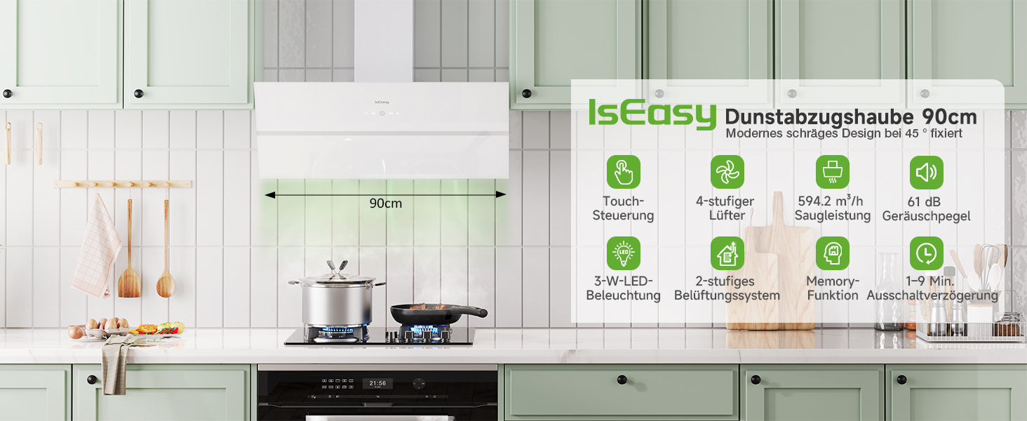 Витяжка кухонна IsEasy 60 см, чорна, потужність 578 м³/год, 4 рівні швидкості, режим рециркуляції та відведення, таймер відкладеного вимкнення, клас енергоефективності A++